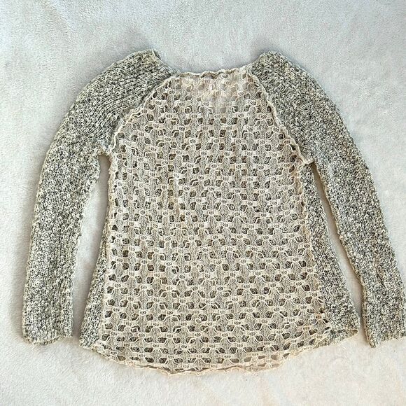 Poof! Heathered Green V-Neck Sweater with Open Knit Back size S Semi-sheer - Picture 6 of 6